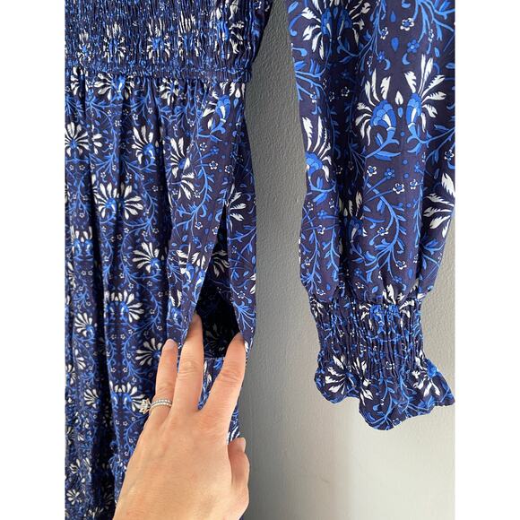 Pink City Prints Isabel Smocked Midi Dress Midnight Vine  Blue Tuckernuck M - Picture 7 of 9